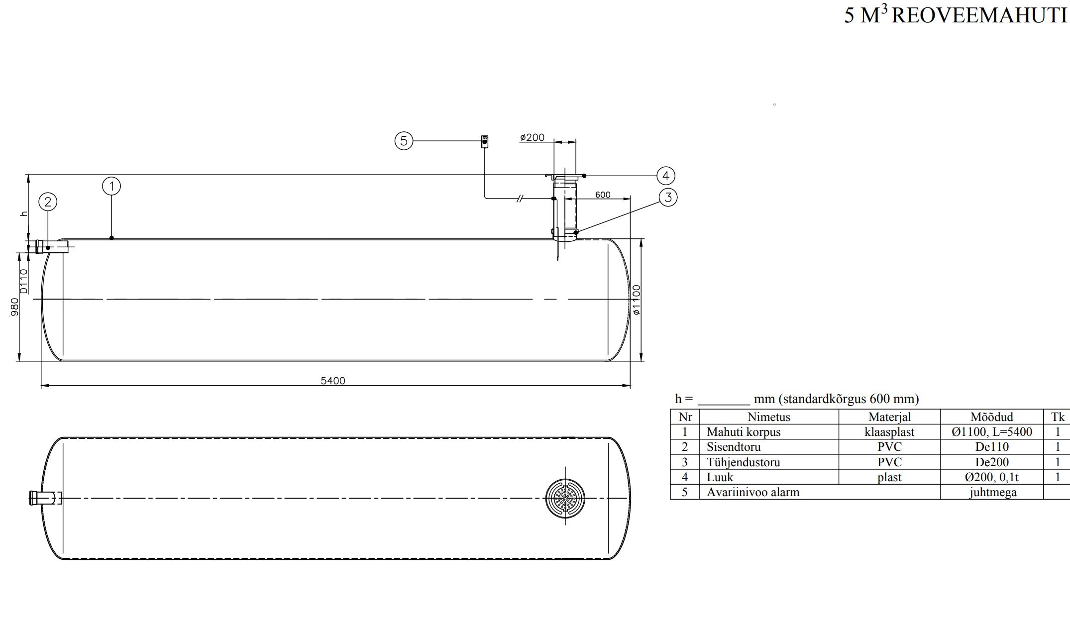 Kogumismahuti 5m³ (∅1100, L = 5400mm)